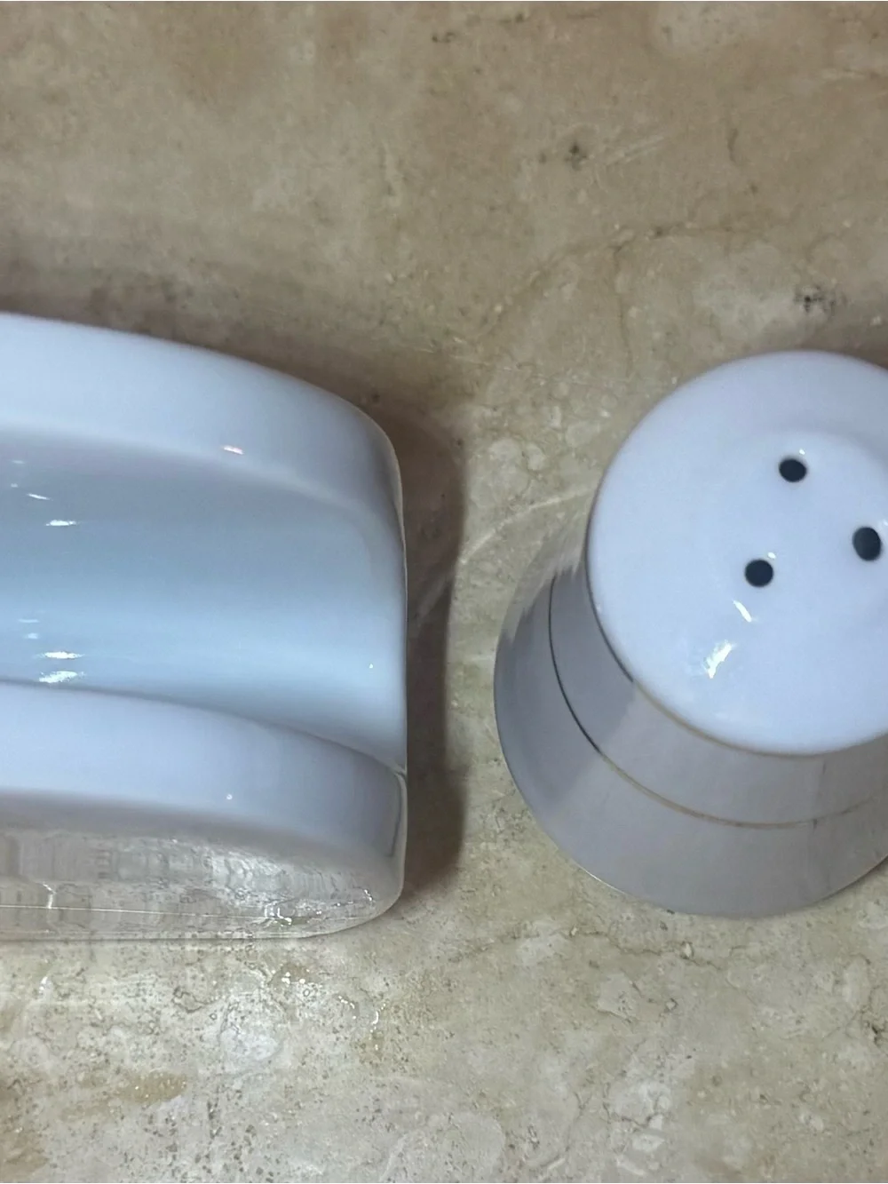 White Ceramic Salt & Pepper Shakers with Napkin Holder - Gold Trim